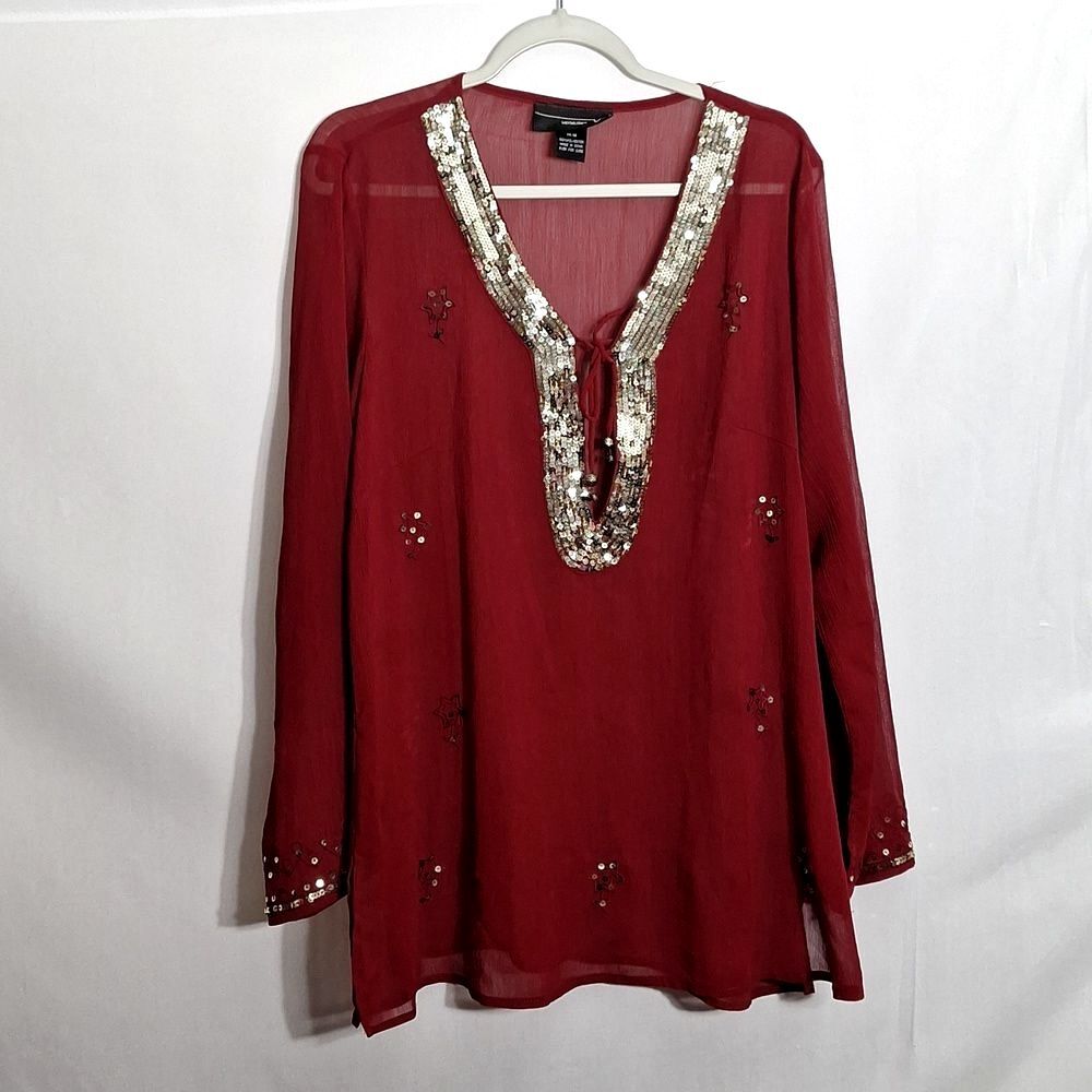 Venezia Burgundy Long Sleeve Top Sheer Burgundy Gold Sequins 14 / 16 Womens